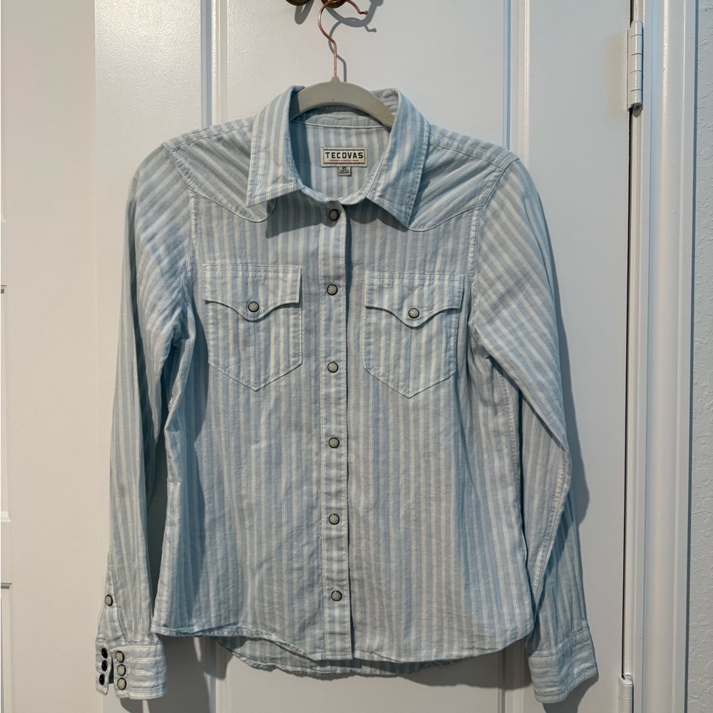 Tecovas Light Blue and White Striped Pearl Snap Button-Down Shirt